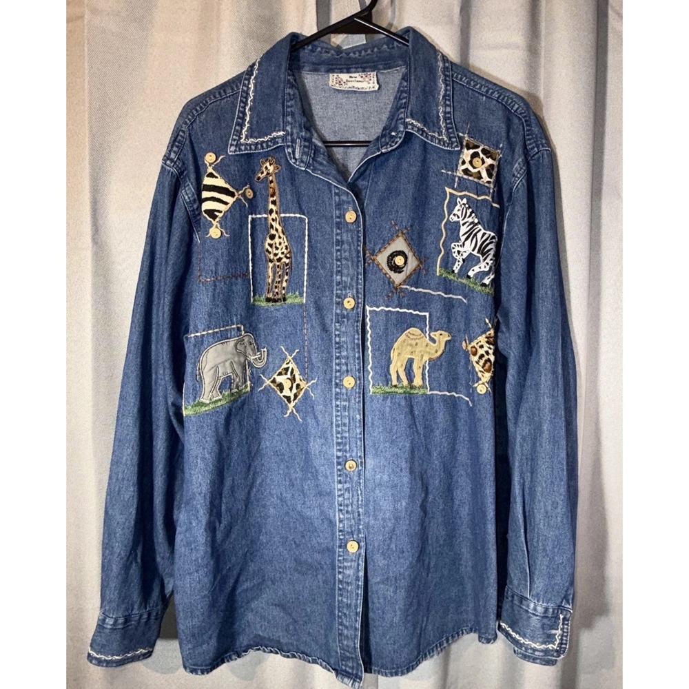Vintage New Directions Safari Animal Denim Shirt 90s Embroidered Giraffe